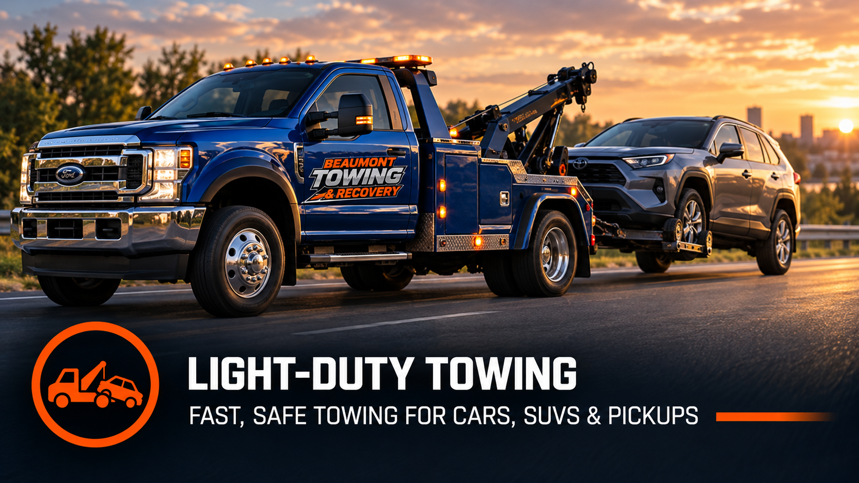 Light-duty towing: blue Beaumont Towing wrecker towing an SUV at sunset