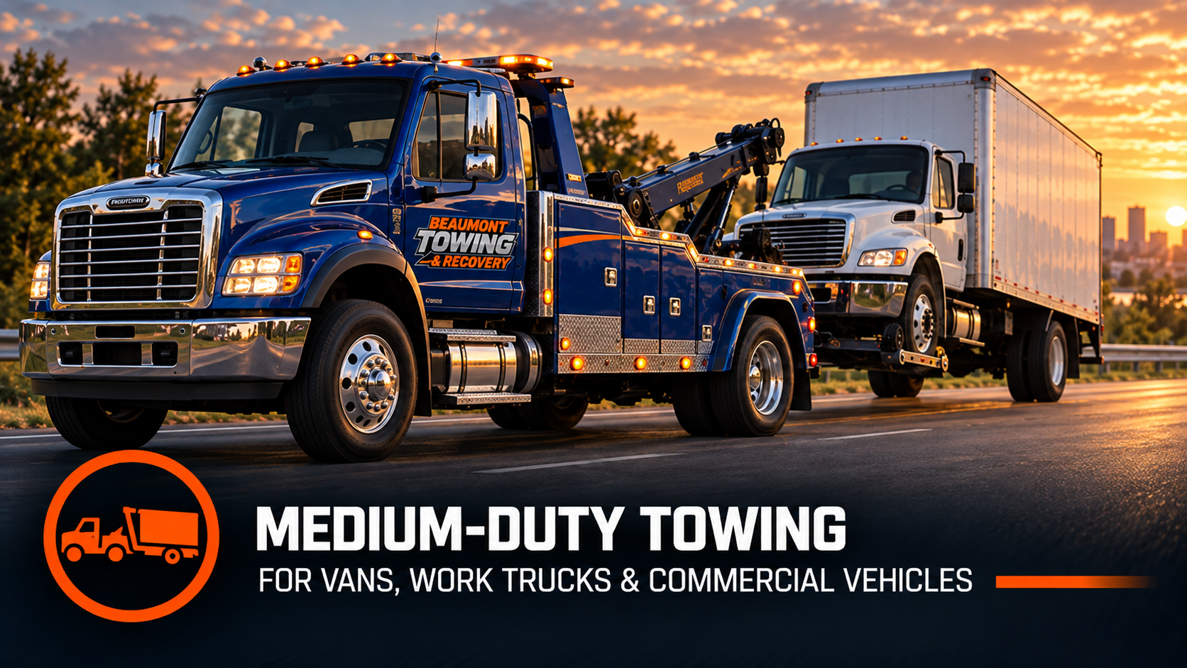 Medium-duty towing: blue wrecker towing a white box truck at sunset