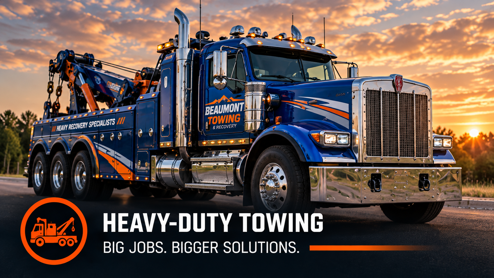 Heavy-duty towing: blue Beaumont Towing & Recovery heavy rotator wrecker at sunset