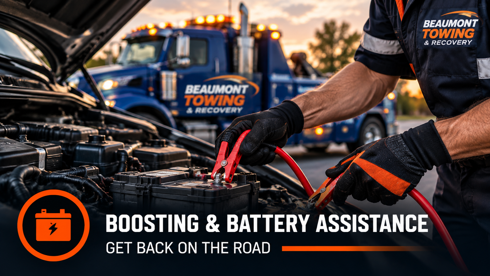 Boosting and battery assistance: Beaumont Towing & Recovery technician connecting booster cables to a vehicle battery