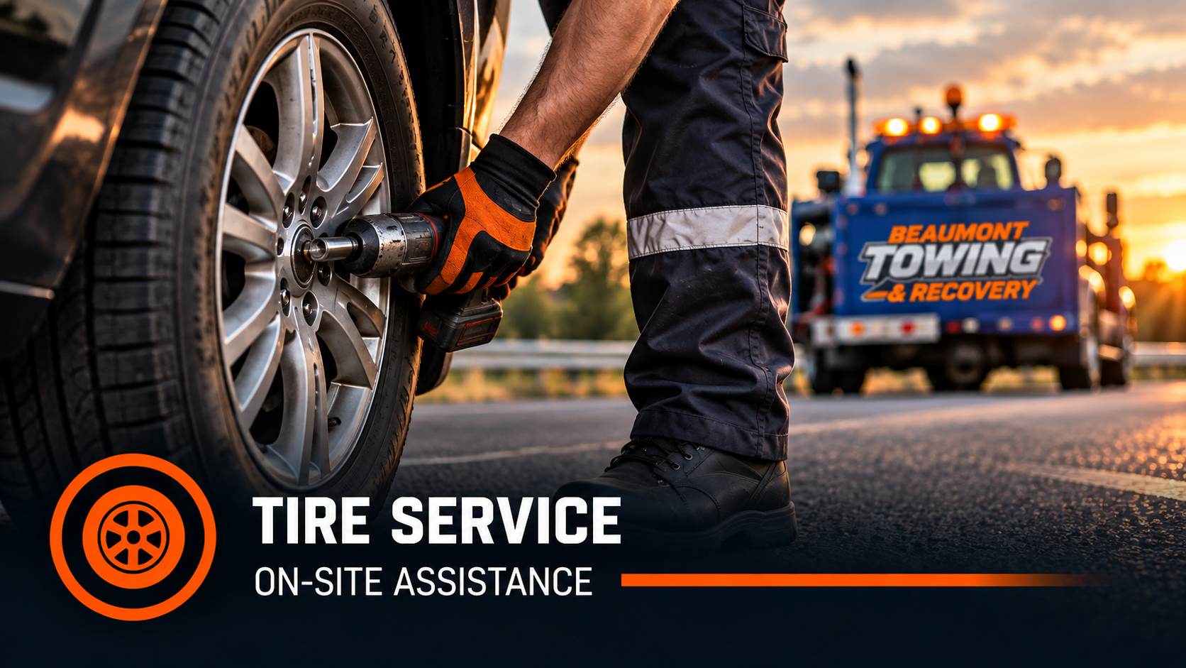 Tire service: technician using an impact wrench on a wheel with a Beaumont Towing & Recovery truck behind