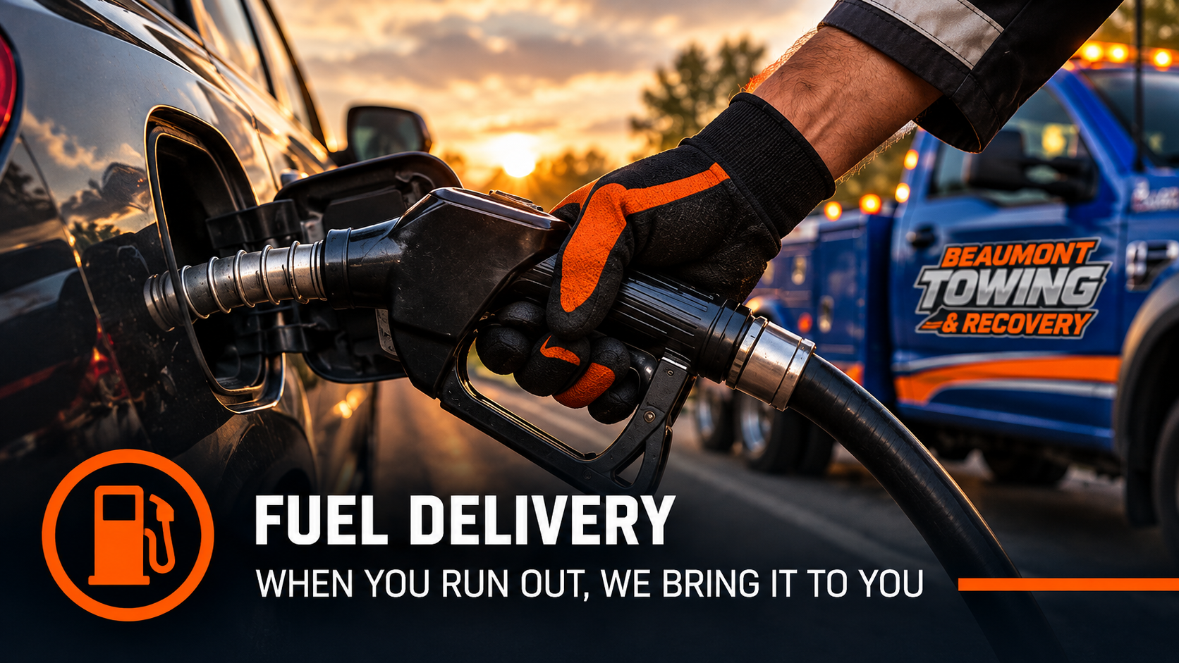 Fuel delivery: gloved hand fuelling a vehicle with a Beaumont Towing & Recovery truck behind