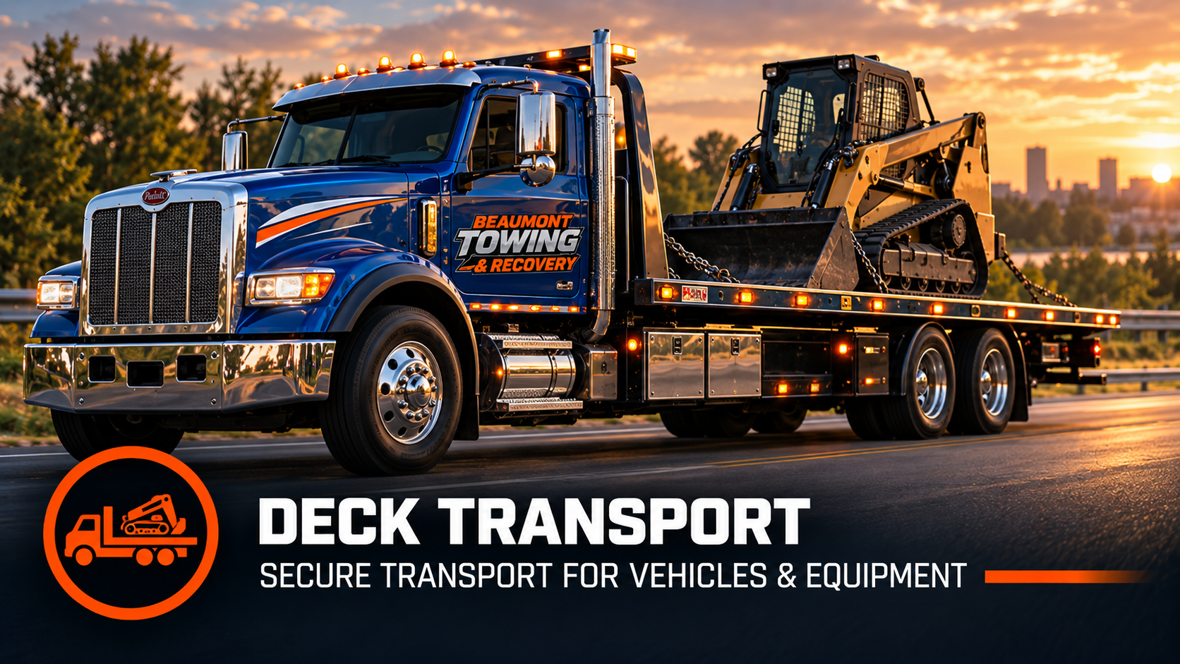 Deck transport: blue flat-deck truck carrying a skid-steer loader at sunset
