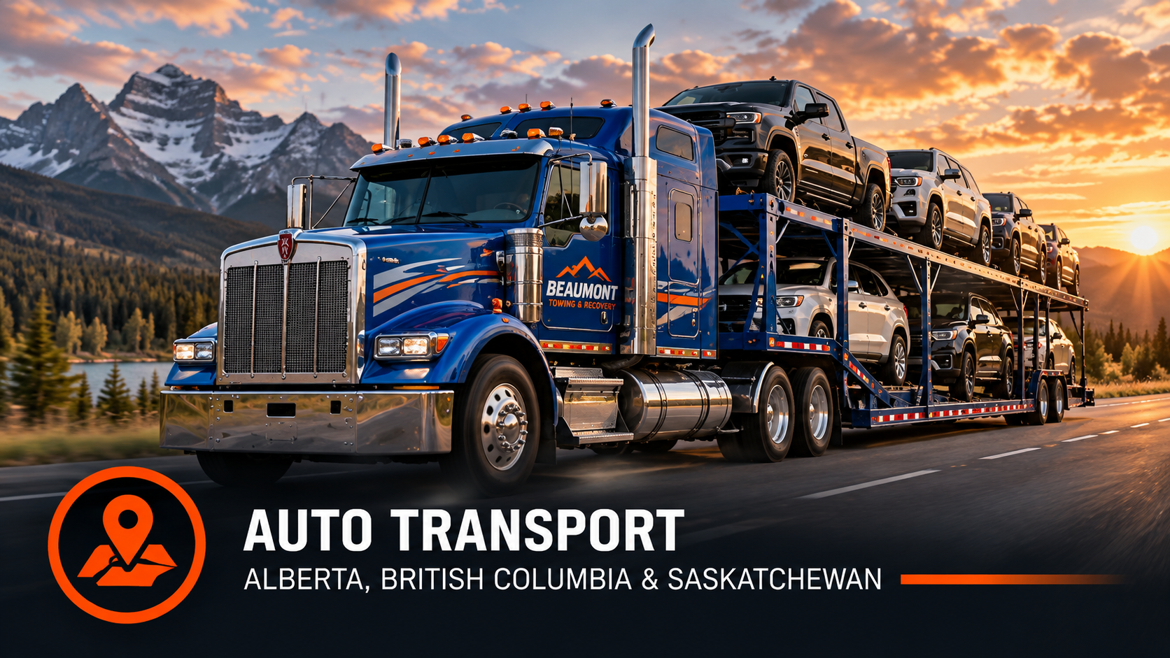 Auto transport: Beaumont Towing & Recovery car carrier loaded with vehicles on a mountain highway