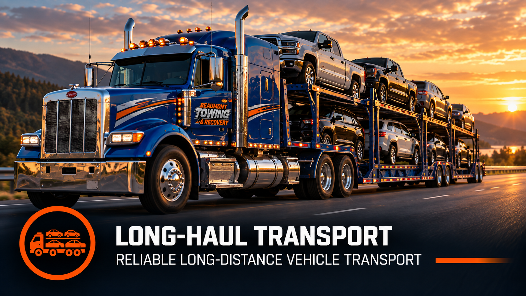 Long-haul transport: blue tractor unit hauling a loaded car carrier on the highway at sunset