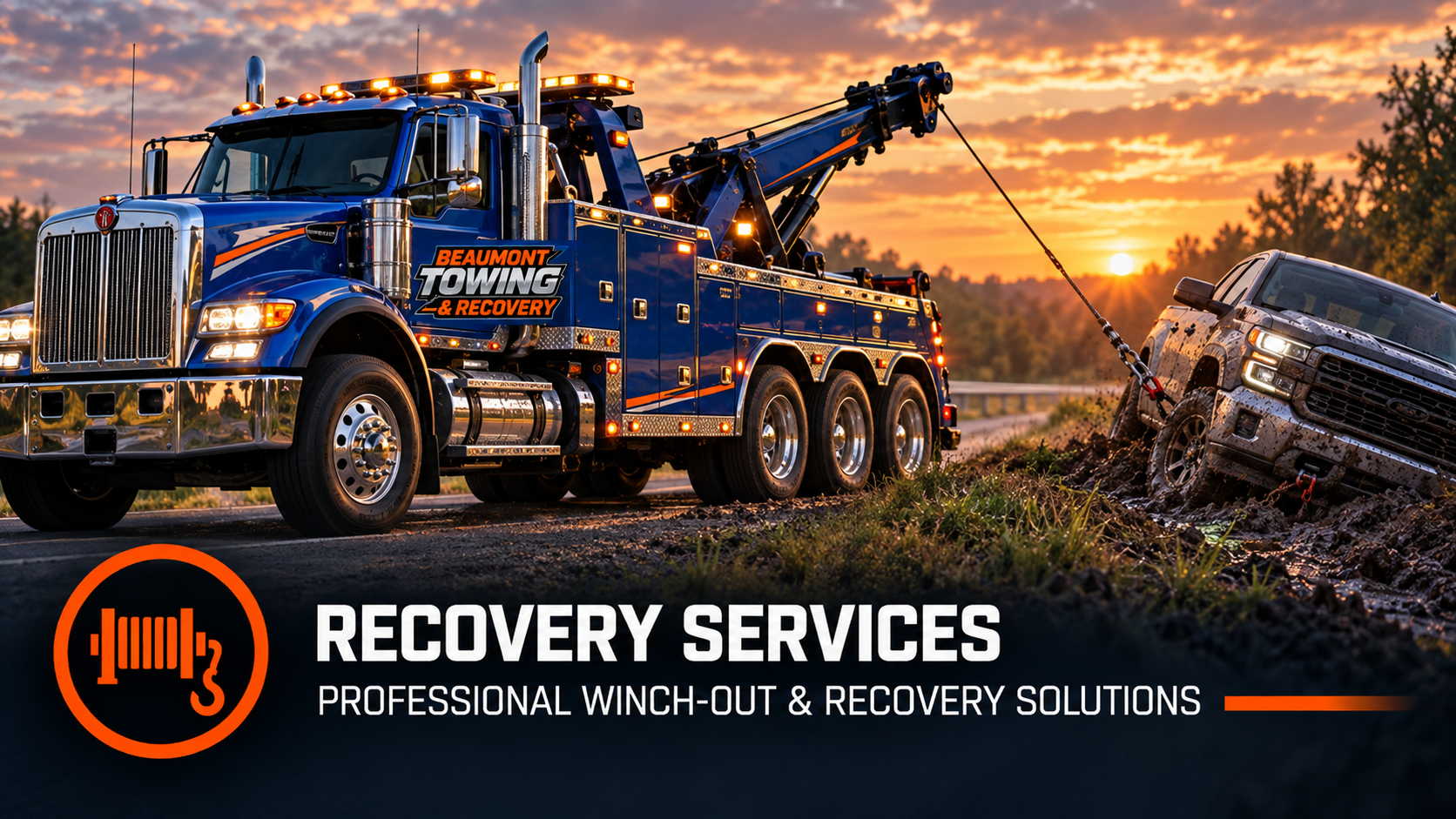 Recovery services: heavy wrecker winching an SUV out of a ditch at sunset