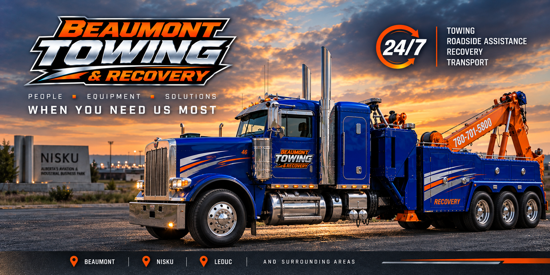 Beaumont Towing & Recovery banner: 24/7 towing, roadside assistance, recovery and transport serving Beaumont, Nisku, Leduc and surrounding areas
